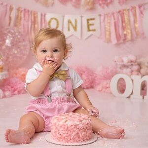 Pink Baby cake smash Outfit with Gold Bow Tie, sweet one, Valentine’s Day first